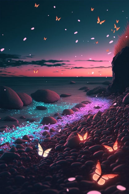 Group of butterflies flying over a rocky beach generative ai