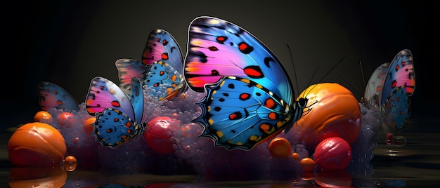 A group of butterflies with one that has a red cherry on it.