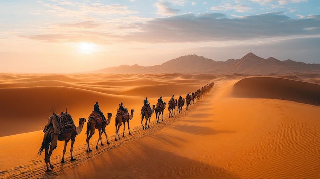 Photo a group of camels are going through the desert