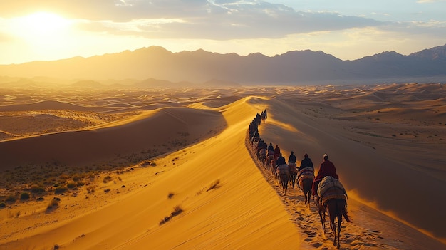 A group of camels and riders traveling through golden sand dunes under a vibrant sunset sky in a serene desert landscape