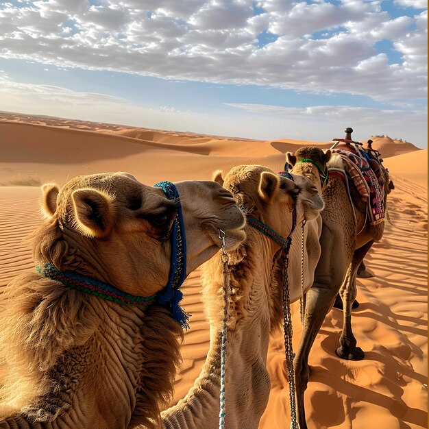 Group of Camels Roaming in Desert With Sky Background