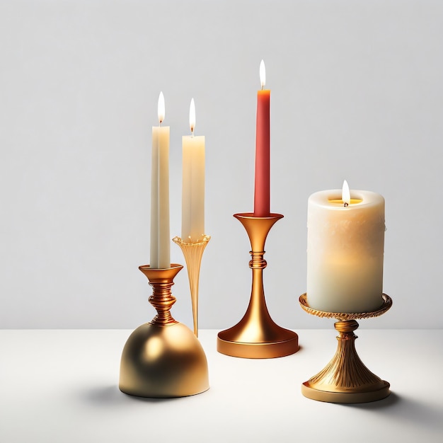 A group of candle holders with candles on the table