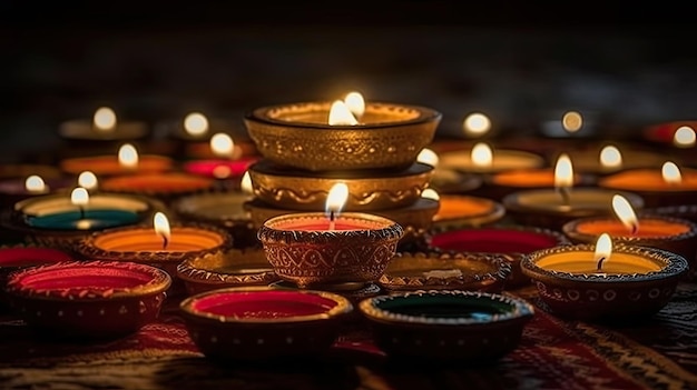 A group of candles are lit in front of a dark background.