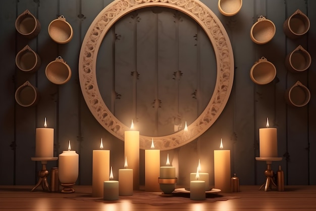 A group of candles are lit in front of a mirror that says " i love you ".