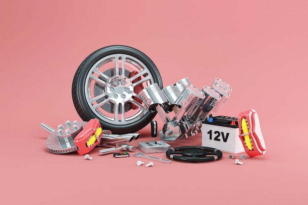 Group of  Car Parts on pink studio background