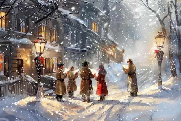 A group of carolers sing Christmas songs in a snowy street lit by street lamps A group of carolers singing joyous tunes in the snowcovered streets