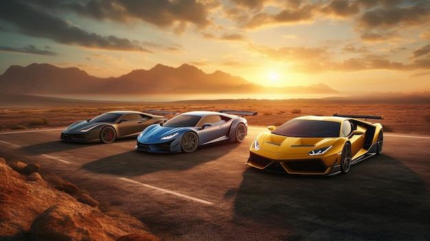 A group of cars are parked in front of a sunset.