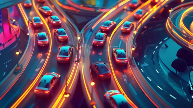 A group of cars traveling through a busy highway interchange seamlessly merging and changing lanes