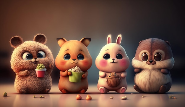 A group of cartoon animals eating popcorn and eating popcorn.