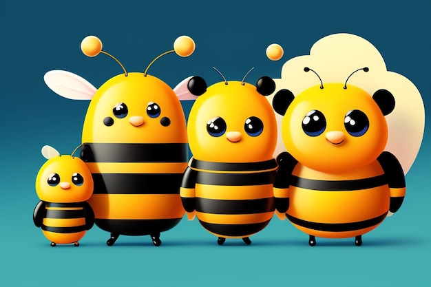 A group of cartoon bees with yellow stripes on the front and a black and white striped bee on the front.