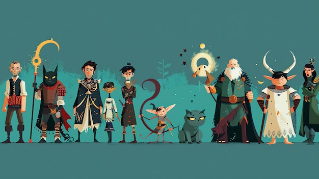 A group of cartoon characters with a variety of fantastical attire