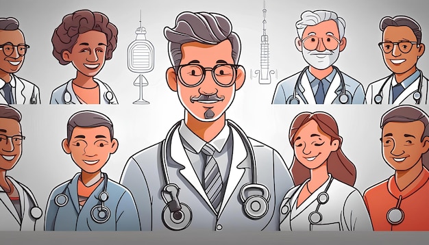 A group of cartoon doctors are smiling and standing next to each other