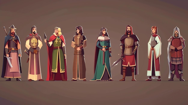 Photo a group of cartoon medieval warriors and royalty are standing in a line