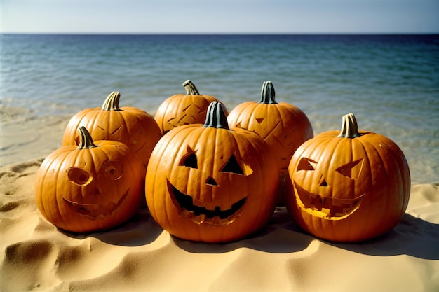 A Group Of Carved Pumpkins Sitting On Top Of A Sandy Beach