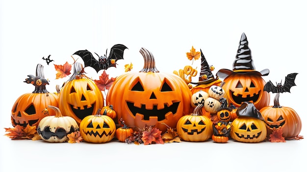 A group of carved pumpkins with a witch39s hat and bats for Halloween isolated on a white background