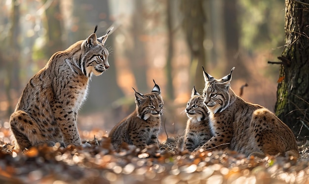 a group of cats are sitting in the woods one of them is a cub