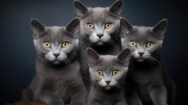 Group of cats of breed Russian Blue close up