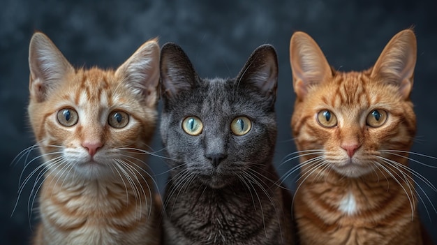 a group of cats looking at the camera with a black background