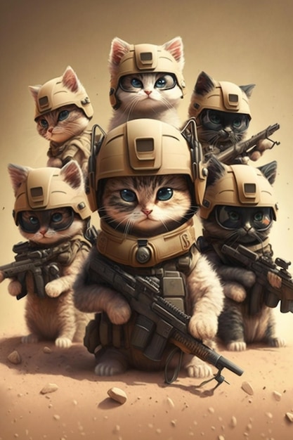 Group of cats in military uniforms with guns and helmets generative ai