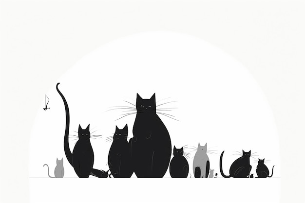 A group of cats sit together on a white background.