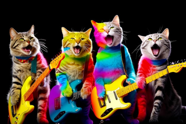 Group of cats standing next to each other with guitars in their hands Generative AI