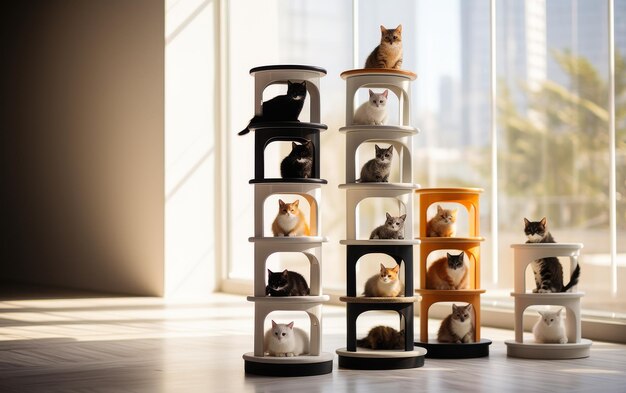 Photo a group of cats striking regal poses atop a lavish cat tower