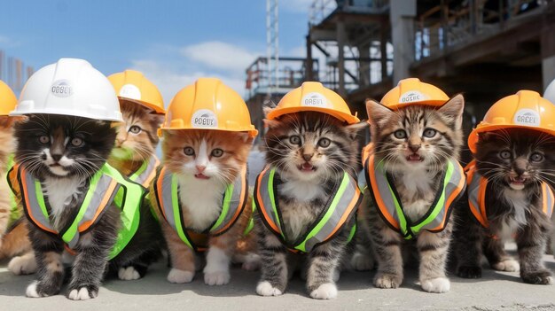 Photo a group of cats wearing safety vests and one has a white logo on the front