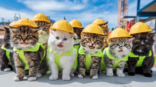 Photo a group of cats wearing yellow construction hats and one has a yellow hat on it