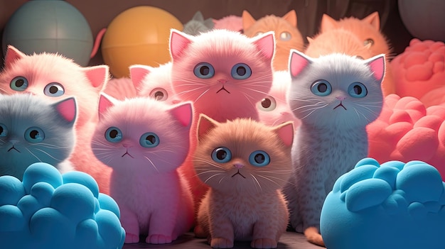 A group of cats with blue eyes and pink paws are sitting in a group.