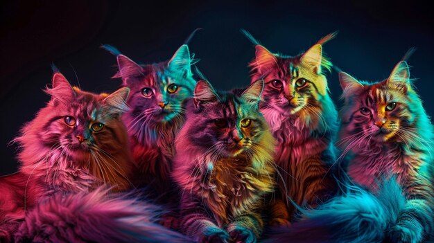 Photo a group of cats with colorful colors on their backs