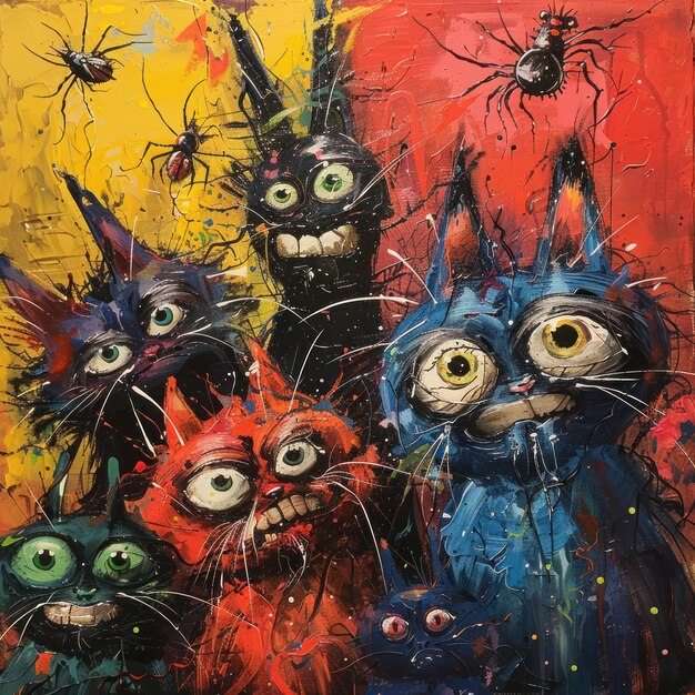 A Group of Cats with Spiders on a Colorful Background