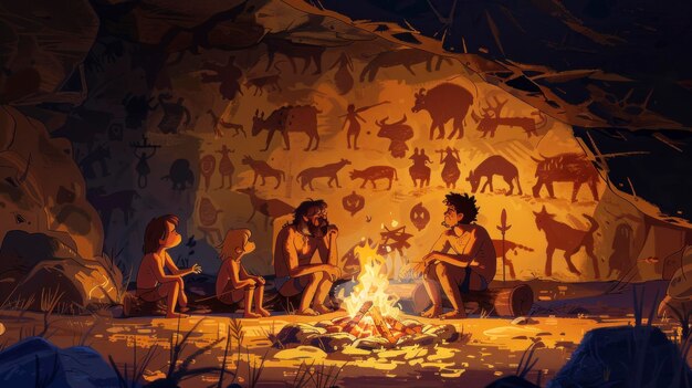 Photo group of cavemen around a campfire in a cave with rock painting