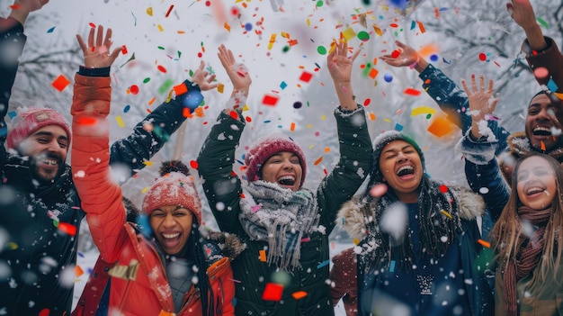 Photo a group celebrating in snow