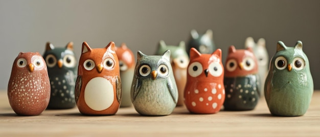 A Group of Ceramic Owl Figurines with Different Colors and Patterns