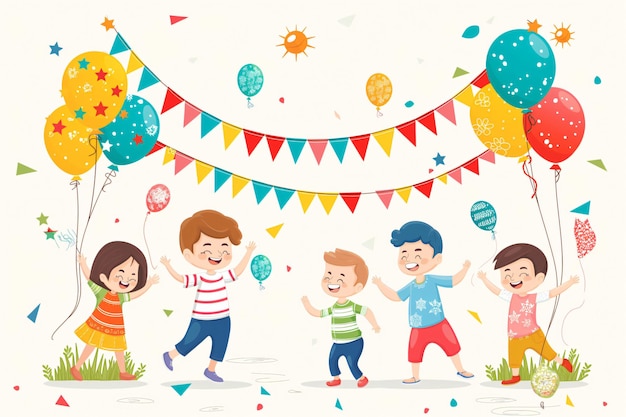 Group of cheerful children celebrating dancing and having fun at a party with colorful balloons and garlands