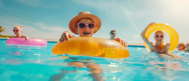 A group of cheerful children play in a glistening pool on a sunny day surrounded by vibrant inflatable rings and summer joy