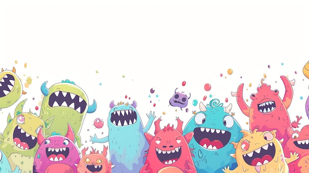 A group of cheerful colorful monsters with big smiles and teeth