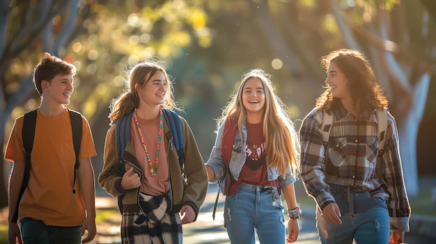 Group of cheerful teenagers walking together in sunlight enjoying friendship and outdoor