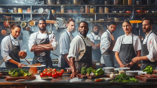 Photo a group of chefs in a busy kitchen prepare a meal showcasing teamwork and culinary expertise