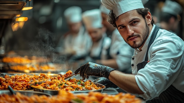 Photo a group of chefs preparing a special labor day feast in a restaurant kitchen