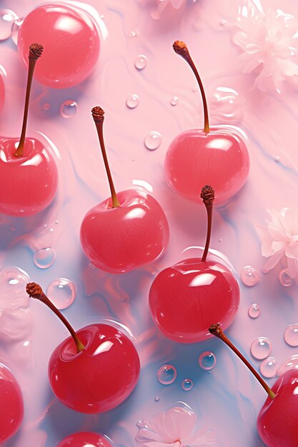 Photo a group of cherries with water drops and a flower