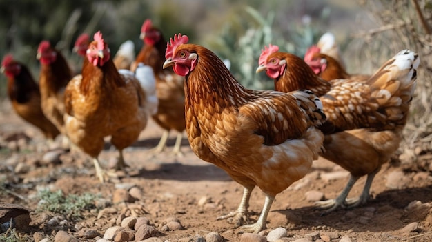 A group of chickens are standing on a farm.