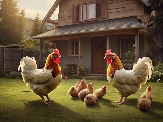 a group of chickens are standing in front of a house