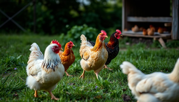 Photo a group of chickens are walking in the grass