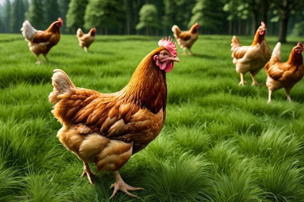 Group of chickens are walking through lush green field