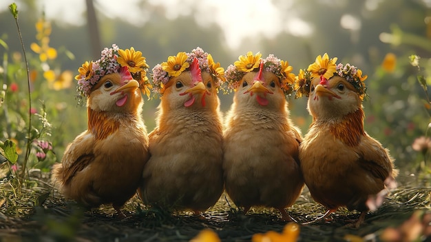 Photo group of chickens in a farm selective focus shallow depth of field