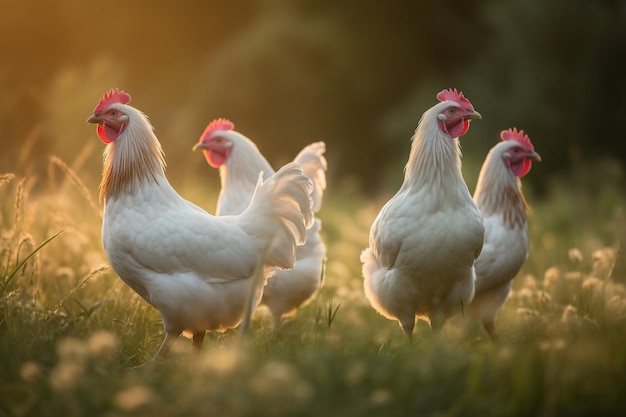 A group of chickens stand in a field with the sun shining on them.