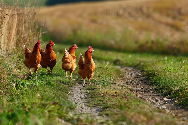 Photo group of chickens walking along a rural dirt road possibly heading to or from food sources