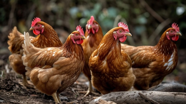 A group of chickens with red crests