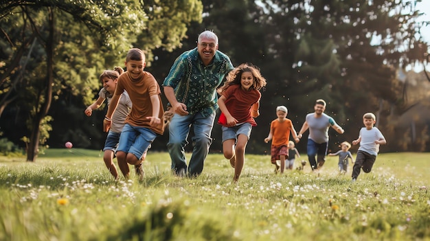 Photo a group of children and adults run through a grassy field with smiles on their faces